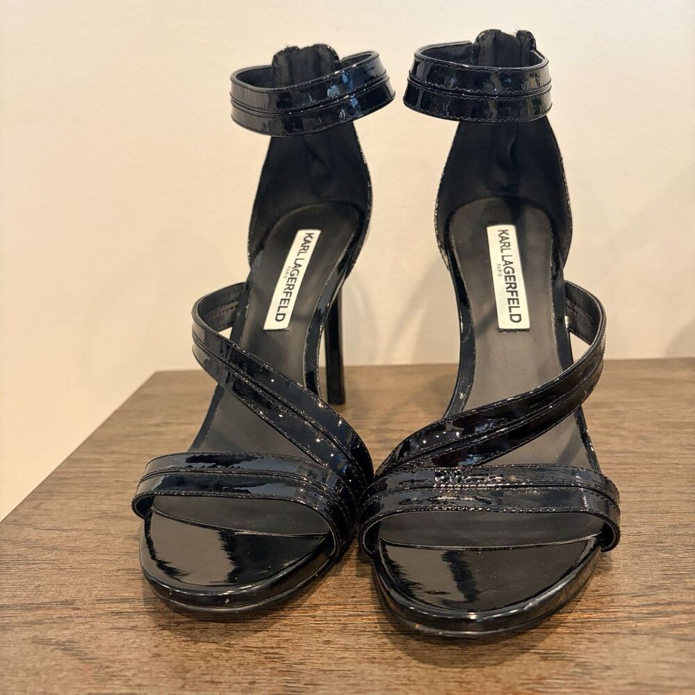 Karl Lagerfeld Paris Kyra Womens Sz 9M/40B Black Patent Leather Strappy Heels